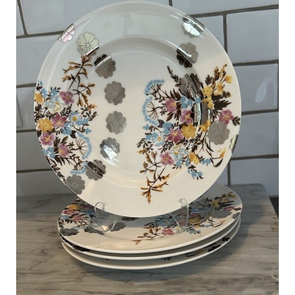 Anthropologie Multi-color Floral Silver Accents Dessert plate Set 4